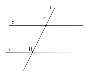 Cho hình vẽ sau. Kết luận nào dưới đây là đúng?   A. x và y cắt nhau tại G và H; B. x và y cắt nhau tại G, y và t cắt nhau tại H; C. x và t cắt nhau tại G, y và t cắt nhau tại H; D. y và t cắt nhau tại G, x và t cắt nhau tại H. (ảnh 1)