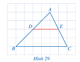 Quan sát tam giác ABC ở Hình 29 và cho biết hai đầu mút D, E của đoạn thẳng DE có đặc điểm gì.   (ảnh 1)