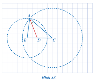 Trong Hình 38, tam giác ABC có AD là đường phân giác của góc BAC. Giả sử mỗi ô vuông của lưới ô vuông có độ dài cạnh bằng 1 cm.   a) Tính độ dài các đoạn thẳng DB, DC. (ảnh 1)