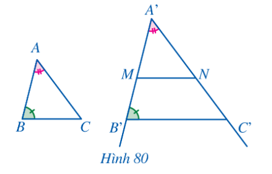 Cho hai tam giác ABC, A’B’C’ sao cho: góc A= góc A', góc B= góc B'  và A’B’ ≠ AB (Hình 80). Trên tia A’B’ lấy điểm M khác B thỏa mãn: A’M = AB. Qua M kẻ đường thẳng song song với B’C’ cắt tia A’C’ tại N. Chứng minh ∆A’MN = ∆ABC.  Từ đó suy ra ∆A’B’C’ ᔕ ∆ABC. (ảnh 1)