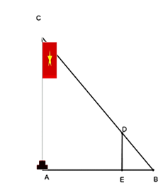 Để đo chiều cao AC của một cột cờ, người ta cắm một cái cọc ED có chiều cao 2 m vuông góc với mặt đất. Đặt vị trí quan sát tại B, biết khoảng cách BE là 1,5 m và khoảng cách AB là 9 m. Chiều cao AC của cột cờ là:   A. 3 m; B. 6,75 m; C. 12 m; D. 9 m. (ảnh 1)