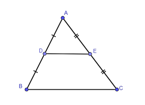 Cho tam giác ABC có D, E lần lượt là trung điểm của AB, AC. Khẳng định nào sau đây là sai? A. Tứ giác DECB là hình thang cân; B. DE là đường trung bình của tam giác ABC; C. DE // BC;  (ảnh 1)