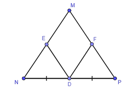 Cho tam giác MNP cân tại M có D là trung điểm của NP. Từ D kẻ DE song song với MP (E ∈ MN), kẻ DF song song với MN (F ∈ MP). Khi đó ME bằng với đoạn thẳng nào? A. MF; B. NE; C. FP; D. Cả ba đáp án trên đều đúng. (ảnh 1)