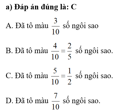 Chọn câu trả lời đúng.  a) Đã tô màu 2/5 số ngôi sao của hình nào dưới đây? (ảnh 2)