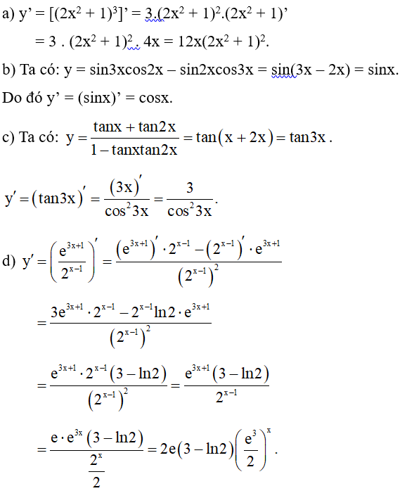 Tìm đạo hàm của mỗi hàm số sau: a) y = (2x^2 + 1)^3;	b) y = sin3xcos2x – sin2xcos3x; (ảnh 1)