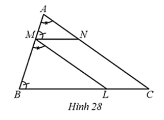 Quan sát Hình 28 biết góc AMN = góc ABC, góc BAC = góc BML    a) Chứng minh: ∆AMN ᔕ ∆MBL. b) Xác định vị trí của điểm M trên cạnh AB để chu vi tam giác AMN bằng   chu vi tam giác ABC.   (ảnh 1)