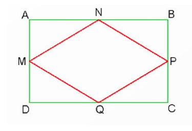 Cho hình chữ nhật ABCD và hình thoi MNPQ (như hình bên). Hãy nêu các cặp cạnh vuông góc  (ảnh 1)