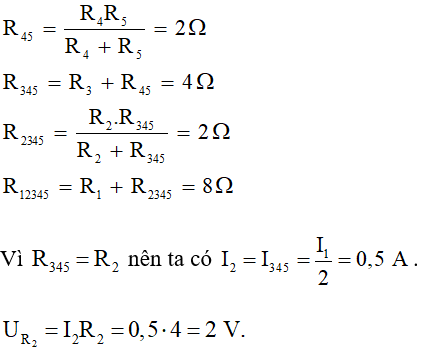 Cho mạch điện như hình vẽ. Các giá trị điện trở R1= 6 ôm, R2= 4 ôm, R3= 2 ôm, R4 = 3 ôm, R 5= 6 ôm,.Tính hiệu điện thế giữa hai đầu điện trở   nếu cường độ dòng điện qua điện trở   có giá trị   (ảnh 2)