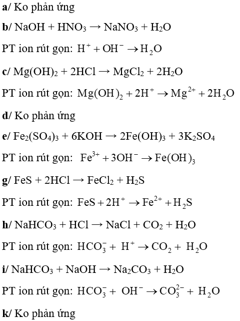 Phương trình phân tử và ion rút gọn của các phản ứng sau (Nếu có) xảy ra trong dung dịch:  a, KNO3 + NaCl  b, NaOH + HNO3  c, Mg(OH)2 +HCl  d, NaF + AgNO3  e, Fe2(SO4)3 + KOH  g, FeS + HCl  h, NaHCO3 + HCl  i, NaHCO3 + NaOH  k, K2CO3 + NaCl  l, Al(OH)3 + HNO3  m, Al(OH)3 + NaOH  n, CuSO4 + Na2S (ảnh 1)