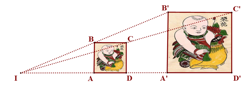 Cho hình vẽ:  Biết các điểm A, B, C, D lần lượt là trung điểm của các đoạn thẳng IA', IB', IC', ID'. (ảnh 1)