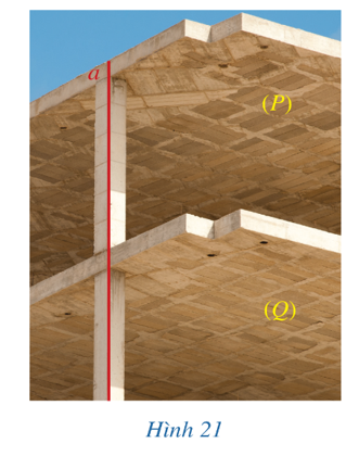 Trong Hình 21, hai mặt trần của nhà cao tầng và cột trụ bê tông gợi nên hình ảnh hai mặt phẳng (P), (Q) phân biệt và đường thẳng a. (ảnh 1)