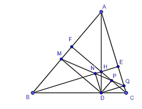 Cho tam giác ABC nhọn, các đường cao AD, BE, CF đồng quy tại H. Gọi M, N, P, Q lần lượt là hình chiếu của D trên AB, BE, CF, AC. Khẳng định nào sau đây sai? A. EF // MC; B. MN // EF; C. PQ // EF; D. M, N, P, Q thẳng hàng. (ảnh 1)