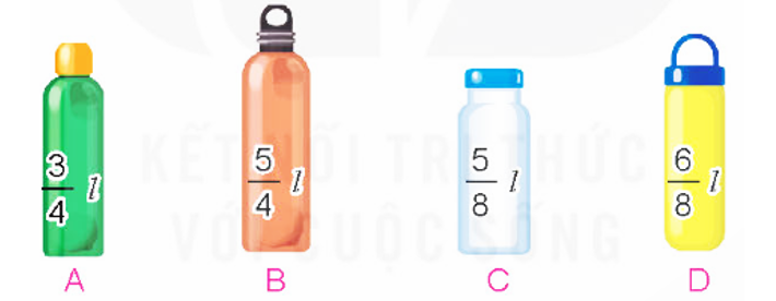 Lượng nước đang có trong các bình A, B, C, D được ghi ở mỗi bình (như hình vẽ). Hỏi bình nào có lượng nước ít nhất? (ảnh 1)