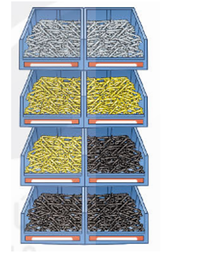 Một cửa hàng kim khí có 8 khay đựng ốc vít theo từng loại màu trắng, vàng, đen và số ốc  (ảnh 1)