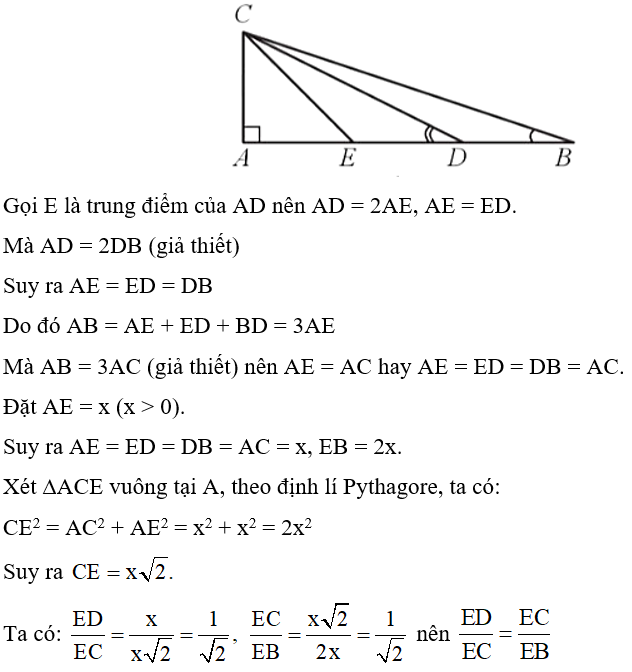 Cho tam giác ABC vuông ở A có AB = 3AC và điểm D thuộc cạnh AB sao cho AD = 2DB. Chứng minh: góc ADC + góc ABC= 45 độ  (ảnh 1)