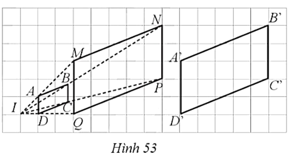 Trong Hình 53, các điểm A, B, C, D lần lượt là các điểm nằm trên các đoạn thẳng IM, IN, IP, IQ sao cho   Quan sát Hình 53 và cho biết: a) Hai hình bình hành MNPQ và A’B’C’D’ có bằng nhau hay không; b) Hai hình bình hành ABCD và A’B’C’D’ có đồng dạng hay không.   (ảnh 1)