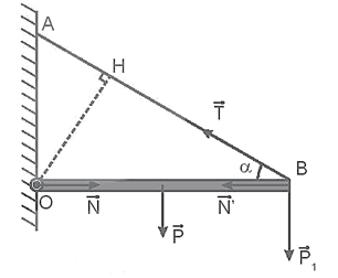 Một thanh có độ dài L, trọng lượng 10 N, được treo nằm ngang vào tường như Hình 21.4. Một trọng vật 20 N treo ở đầu thanh. Dây treo làm với thanh một góc . Xác định lực căng của dây treo.    A. 50 N. B. 60 N. C. 70 N. D. 80 N. (ảnh 2)
