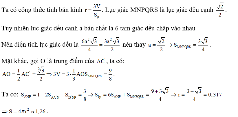 Cho hình lập phương ABCD.AˈBˈCˈDˈ có thể tích bằng 1 . Gọi M, N, P, Q, R, S lần lượt là trung điểm của các cạnh AˈBˈ, AˈDˈ, DDˈ,CD, BC, BBˈ. Diện tích mặt cầu nội tiếp khối chóp A.MNPQRS bằng bao nhiêu? (làm tròn tới 2 chữ số thập phân)? (ảnh 1)