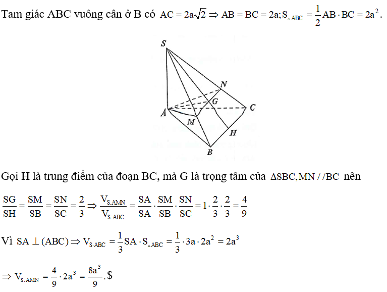 Cho hình chóp S.ABC có đáy là tam giác ABC vuông cân ở B,AC = 2a căn 2  ,SA = 3a, SA viiong góc (ABC)  (ảnh 1)