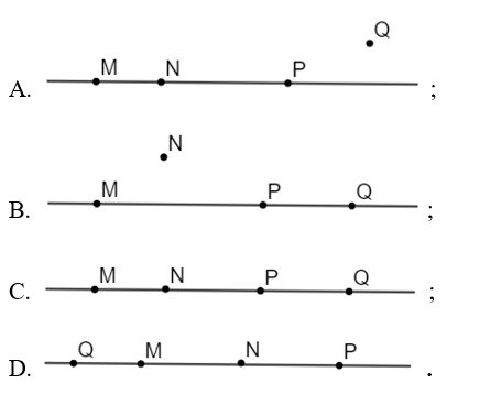 Hình vẽ nào sau đây biểu diễn đúng? - Ba điểm M, N, P thẳng hàng sao cho điểm N nằm giữa hai điểm M và P. - Vẽ điểm Q sao cho điểm N và điểm Q nằm khác phía đối với điểm P. (ảnh 1)