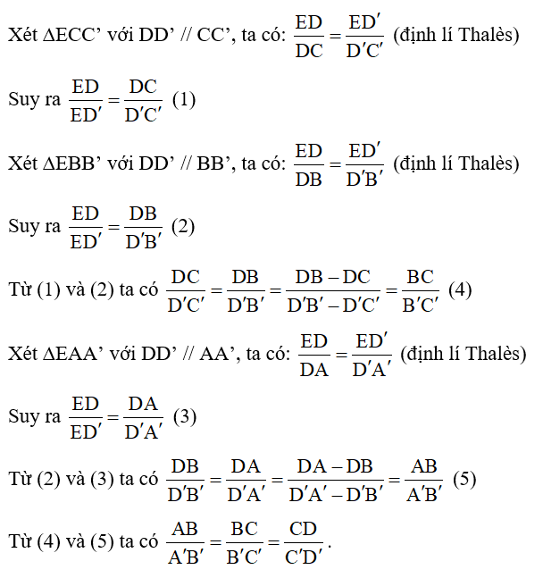 Trong Hình 26, các thanh AA’, BB’, CC’, DD’ của giàn gỗ song song với nhau. Không sử dụng thước đo, hãy giải thích vì sao độ dài các đoạn AB, BC, CD lần lượt tỉ lệ với độ dài các đoạn A’B’, B’C’, C’D’.   (ảnh 3)