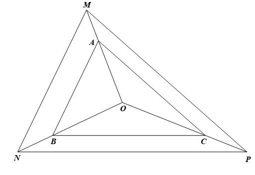 Cho tam giác ABC và điểm O nằm trong tam giác. Các điểm M, N, P lần lượt thuộc tia OA, OB, OC sao cho   Chứng minh ∆ABC ᔕ ∆MNP.  (ảnh 1)