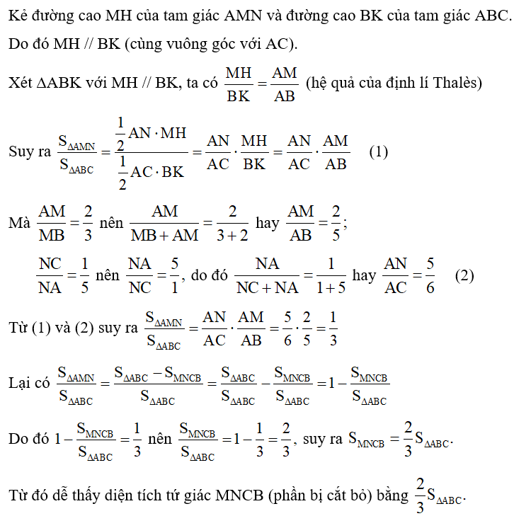 An có một mảnh bìa có dạng hình tam giác ABC nhưng bị rách. An muốn cắt bỏ phần bị rách với vết cắt là đoạn thẳng MN. Tính diện tích tứ giác MNCB theo diện tích tam giác ABC, biết   và  (Hình 12). (ảnh 3)