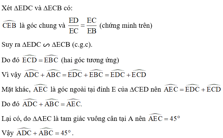 Cho tam giác ABC vuông ở A có AB = 3AC và điểm D thuộc cạnh AB sao cho AD = 2DB. Chứng minh: góc ADC + góc ABC= 45 độ  (ảnh 2)