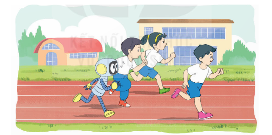 Các bạn Mai, Nam, Việt và Rô bốt chạy thi theo chiều dài sân trường. Mai chạy hết (ảnh 1)