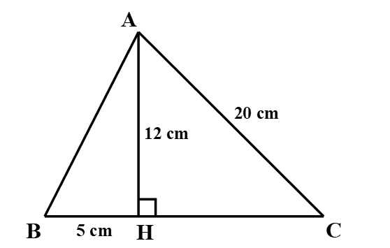 Cho tam giác nhọn ABC, kẻ AH vuông góc với BC. Biết AC = 20 cm, AH = 12 cm, BH = 5 cm. Chu vi tam giác ABC là: (ảnh 1)