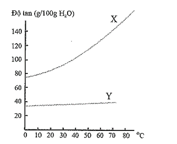 Đồ thị hình bên biểu diễn mối quan hệ giữa nhiệt độ và độ tan của các chất X, Y (ảnh 1)
