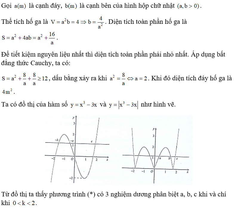 Ông A định đúc một hố ga bằng bê tông dạng hình hộp chữ nhật có đáy là hình vuông (không có nắp) và có thể tích bằng  . Hỏi điện tích đáy hố ga bằng bao nhiêu mét vuông để khi đúc ông A tiết kiệm nguyên liệu nhất? (ảnh 1)