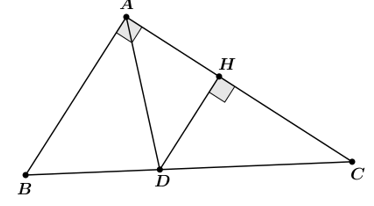 Cho tam giác ABC vuông tại A có AB = 3, AC = 4, AD là đường phân giác. Tính: a) Độ dài các đoạn thẳng BC, DB, DC; (ảnh 1)