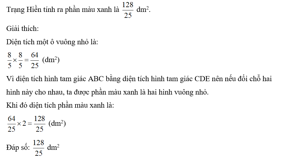 Nhà vua đố trạng Hiền tính được diện tích phần màu xanh. Biết diện tích hình tam giác ABC (ảnh 2)