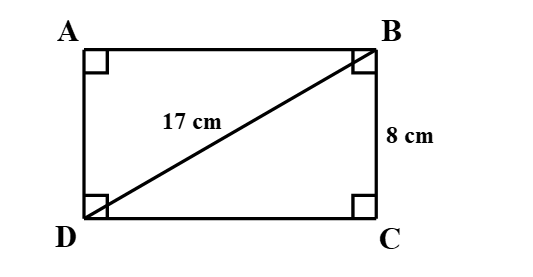 Diện tích của hình chữ nhật có chiều rộng 8 cm và đường chéo dài 17 cm là:  A. 100 cm2; B. 110 cm2; C. 120 cm2; D. 90 cm2. (ảnh 1)