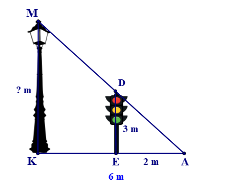 Bóng (AK) của một cột điện (MK) trên mặt đất dài 6 m. Cùng lúc đó một cột đèn giao thông (DE) cao 3 m (ảnh 1)