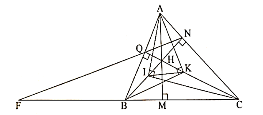 Đường thẳng QN cắt đường thẳng BC tại F. Chứng minh rằng FB . FC = FQ . FN (ảnh 1)