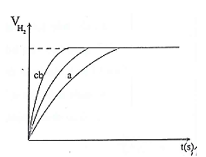 Tiến hành 3 thí nghiệm a, b, c hòa tan cùng lượng m gam Zn vào dung dịch H2SO4. Khí hiđro thu được trong mỗi thí nghiệm được biểu diễn bằng đồ thị bên. Phát biểu nào sau đây là đúng?   A. Khí hiđro được giải phóng ở thí nghiệm a nhanh hơn ở thí nghiệm c.  B. Tiến hành thí nghiệm c và thí nghiệm b ở cùng 1 nhiệt độ, thì kẽm ở thí nghiệm c có dạng bột, còn kẽm ở thí nghiệm b có dạng lá. C. Tiến hành thí nghiệm với kẽm ở thí nghiệm a và b cùng ở dạng lá, thì nhiệt độ tiến hành thí nghiệm ở nghiệm a lớn hơn nhiệt độ tiến hành thí nghiệm ở thí nghiệm b. D. Khí hiđro được giải phóng ở thí nghiệm b nhanh hơn ở thí nghiệm c. (ảnh 1)