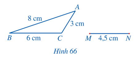 Bạn Hoa vẽ trên giấy một tam giác ABC và đoạn thẳng MN với các kích thước như Hình 66. Bạn Hoa đố bạn Thanh vẽ điểm P thỏa mãn     mà không sử dụng thước đo góc. Em hãy giúp bạn Thanh sử dụng thước thẳng (có chia khoảng milimét) và compa để vẽ điểm P và giải thích kết quả tìm được.  (ảnh 1)
