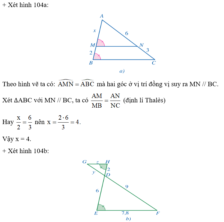 Tính các độ dài x, y, z, t ở các hình 104a, 104b, 104c: (ảnh 2)