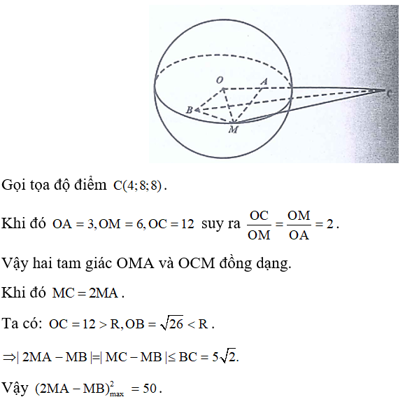 Trong không gian với hệ trục tọa độ Oxyz, cho phương trình mặt cầu (S): x^2 +y^2 +z^2 = 36   và hai điểm (ảnh 1)