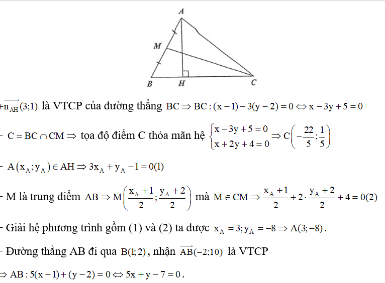 Trên mặt phẳng tọa độ Oxy, cho tam giác ABC biết đỉnh B(1;2) , phương trình đường cao AH: 3x + y-1=0  và đường trung tuyến (ảnh 1)