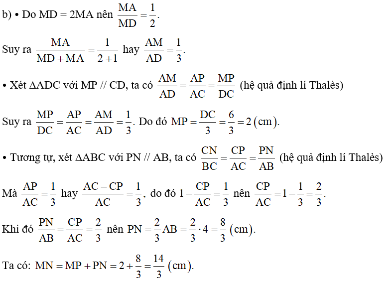 b) Tính độ dài các đoạn thẳng MP, PN, MN; biết rằng MD = 2MA. (ảnh 1)