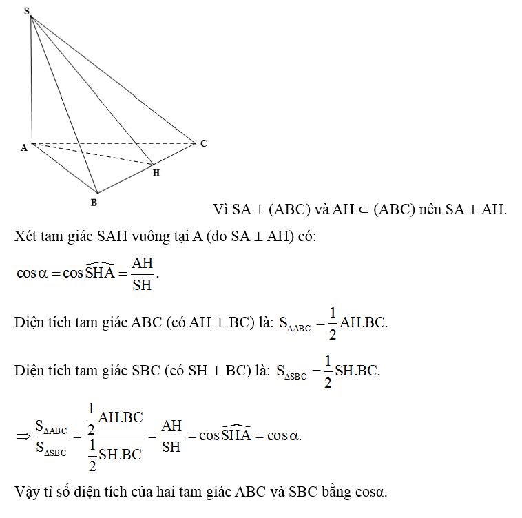 Cho hình chóp S.ABC có SA vuông góc (ABC). Gọi α là số đo của góc nhị diện [A, BC, S]. Chứng minh rằng tỉ số (ảnh 2)