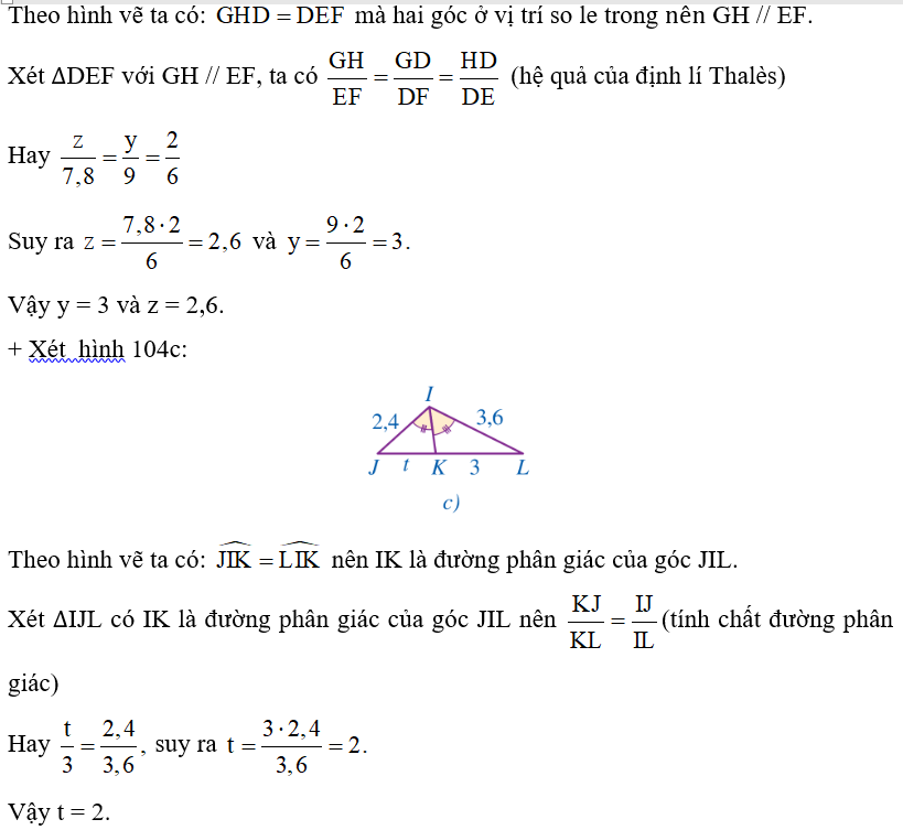 Tính các độ dài x, y, z, t ở các hình 104a, 104b, 104c: (ảnh 3)