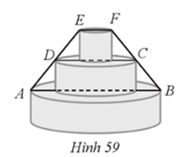 Một chiếc kệ bảy hoa quả có ba tầng được thiết kế như Hình 59. Tầng đáy có đường kính AB là 32 cm. Tầng giữa có đường kính CD nhỏ hơn đường kính tầng đáy là 12 cm. Tính độ dài đường kính tầng trên cùng EF, biết EF // AB; D, C lần lượt là trung điểm của EA và FB.   (ảnh 1)