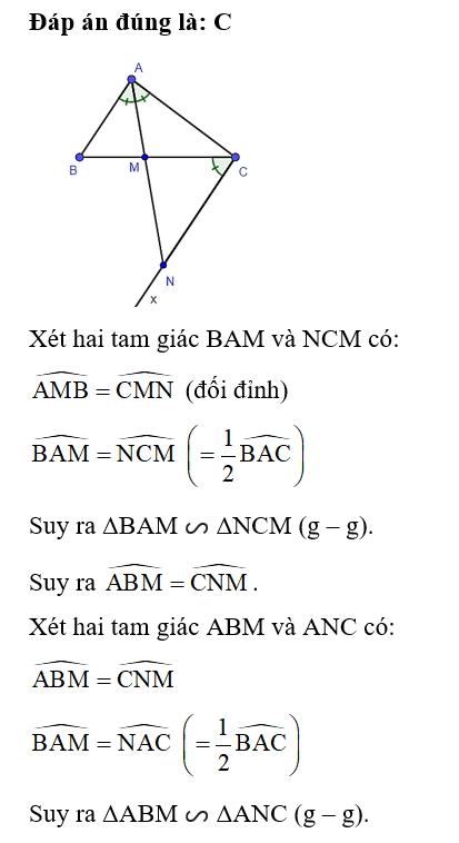Cho tam giác ABC có AM là phân giác trong của tam giác. Kẻ tia Cx thuộc nửa mặt phẳng bờ BC (ảnh 1)