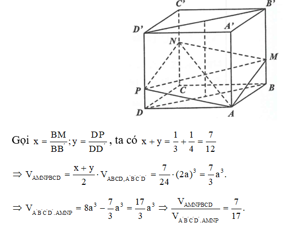 Cho hình lập phương ABCD.AˈBˈCˈDˈ cạnh 2a, gọi M là điểm thuộc cạnh BBˈ sao cho BM= 1/3BB'  và P là điểm thuộc cạnh DDˈ sao cho  . Mặt phẳng (AMP) cắt CCˈ tại N và chia khối lập phương thành 2 khối đa diện. Tỉ số thể tích của 2 khối đa diện bằng: (ảnh 1)