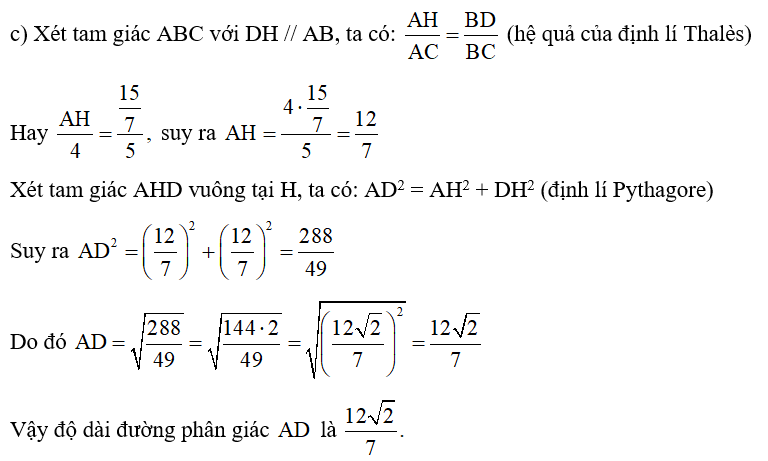 c) Độ dài đường phân giác AD. (ảnh 1)