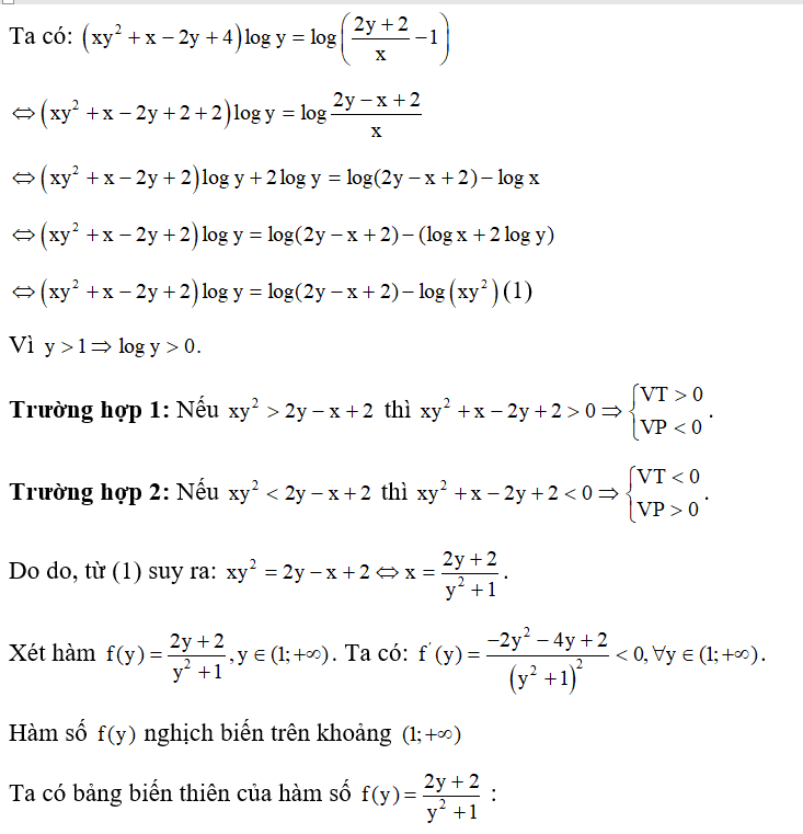 Có bao nhiêu số nguyên dương x sao cho tồn tại số thực y lớn hơn 1 thỏa mãn (xy^2+x- 2y+4) log y= log( 2y+2/ x -1)  ? (ảnh 1)